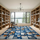Blue and Teal Whimsical Cartoon Cats Navy Area Rug