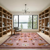 Playful Pink Cartoon Tiger Cat Kids Rug