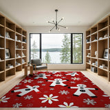 Festive Gingerbread Men Snowflakes Red Area Rug
