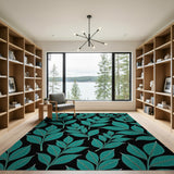 Teal Leaf Pattern Area Rug on Black