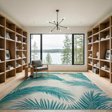 Blue and Teal Palm Leaf Coastal Area Rug