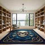 Blue Skull Crossbones Rope Border Area Rug