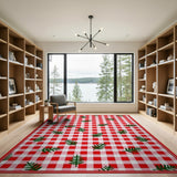 Red Gingham Check with Holly Leaves Area Rug