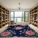 Pink Roses on Navy Floral Vintage Area Rug