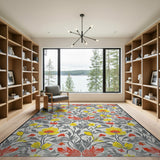 Vibrant Yellow Red Floral Grey Area Rug