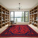 Vibrant Red Persian Area Rug with Navy Floral Motifs