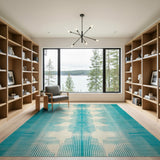 Teal Striped Geometric Area Rug with Ivory Shapes