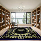 Traditional Persian Gold and Silver Ornate Gold Border Black Area Rug