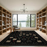Whimsical Cat Faces Hearts Black Area Rug
