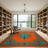 Teal Flame Motif Vibrant Orange Area Rug