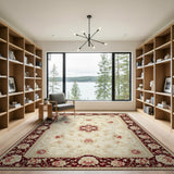 Beige and Neutral Ivory Persian Floral Area Rug with Red Border
