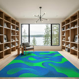 Teal and Lime Green Abstract Wave Area Rug