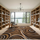 Washable Retro Abstract Swirl Brown Low Pile Area Rug