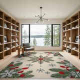 Festive Poinsettia Evergreen Snowflake Area Rug