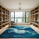 Washable Blue Abstract Ocean Wave Area Rug - Low Pile & Non-Slip