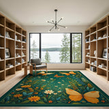 Whimsical Orange Butterfly Wildflower Area Rug