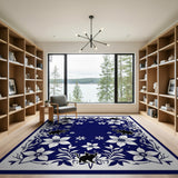 Whimsical Black Cat Floral Navy Area Rug