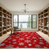 Festive Snowflake Geometric Modern Festive Red Snowflake Area Rug