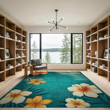 Distressed Teal Hibiscus and Palm Rug