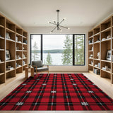 Festive Red Black Plaid Snowflake Area Rug