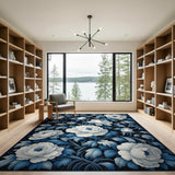 ODIKA Blue and White Peony Washable Rug - Low Pile Floral Area Rug