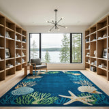 Navy Blue Coastal Starfish Seashell Area Rug