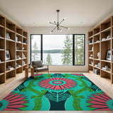 Teal Pink Starburst Flower Zebra Leaf Area Rug