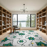 Whimsical Teal Cartoon Bird Star Rug