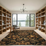 Luxury Gold Peony Floral Area Rug on Black
