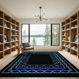 Intricate Blue Teal Geometric Border Rug