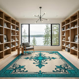Teal Ornate Frame Area Rug