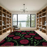 Red Roses on Black Floral Area Rug