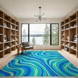 Blue Teal Swirling Waves Abstract Area Rug