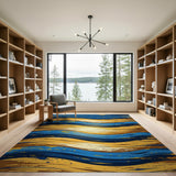 Blue Gold Wavy Brushstroke Abstract Area Rug