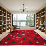 Festive Red Christmas Trees Snowflakes Area Rug