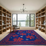 Red Poinsettia Snowflake Navy Area Rug