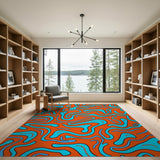 Vibrant Orange Blue Wavy Abstract Area Rug