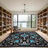 Teal Evil Eye Motif Black Persian Area Rug
