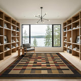 Geometric Plaid Area Rug in Black Grey Beige Red