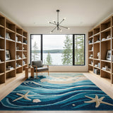 Ocean Waves Coastal Beach Area Rug with Starfish