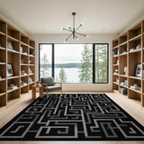 Labyrinth Maze Black White Geometric Area Rug