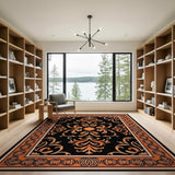 Ornate Black Orange Floral Area Rug