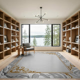 ODIKA Washable Grey Marble Area Rug with Gold Filigree Frame - Low Pile Non-Slip Rug