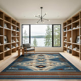ODIKA Southwestern Washable Area Rug, Blue Tribal Geometric Low Pile Non-Slip Rug for Living Room Bedroom