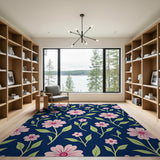 Pink Whimsical Pink Floral Navy Area Rug
