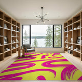 Vibrant Pink Swirl Abstract Area Rug on Yellow