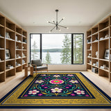 Ornate Navy Floral Persian Area Rug with Gold Border