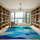 Kids Cartoon Blue and Teal Whimsical Whale Ocean Kids Area Rug