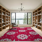 Festive Red Snowflakes and Pine Trees Area Rug