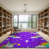 Magical Unicorn Kids Area Rug - Purple Rainbows Stars